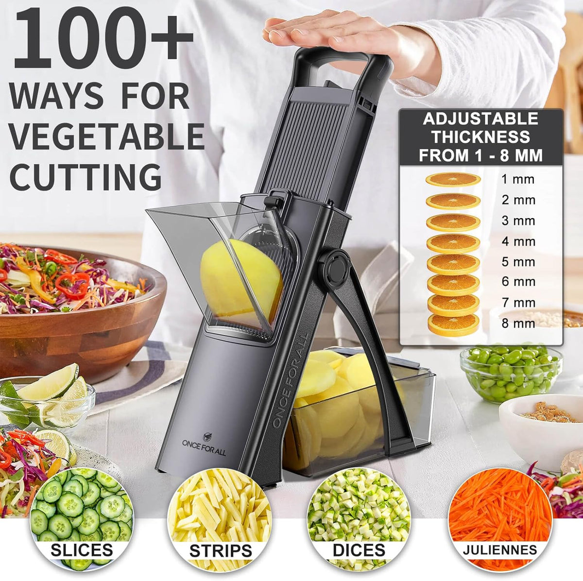 ONCE FOR ALL Safe Mandoline Slicer For Kitchen, Biger Size, Adjustable Vegetable Chopper Food Slicer Potato French Fry Cutter with Peeler, Detachable, Kitchen Chopping Artifact (Black)