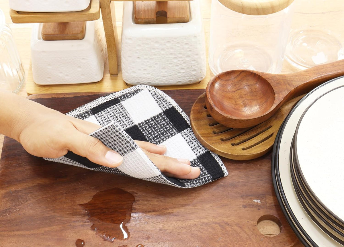 PurpleEssences Waffle Weave Plaid Dish Cloths, 100% Cotton - 12 x 12 Inches, Ultra Soft Absorbent Quick Drying Dish Towels Buffalo Check Dish Rags for Kitchen, 8 Pack - Spring Summer - Black & White