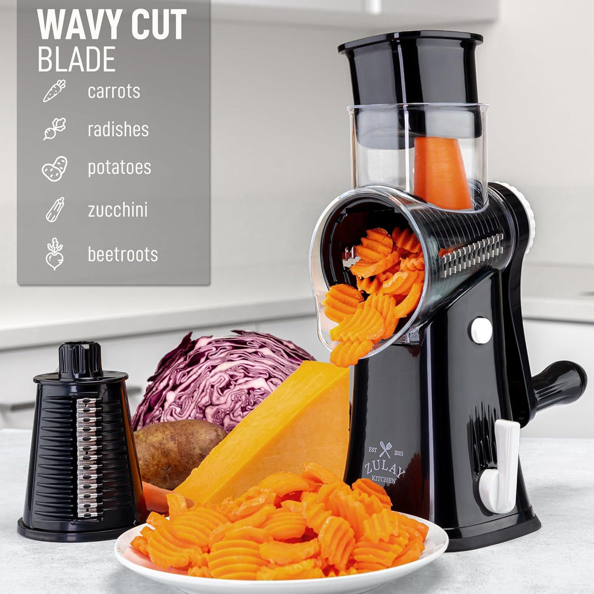 Zulay Kitchen Rotary Cheese Grater 5 Blade Cheese Shredder - Manual Hand Crank Cheese Grater With Reinforced Suction & 5 Interchangeable Drums - Easy to Use, Vegetable Chopper Round Mandoline Slicer
