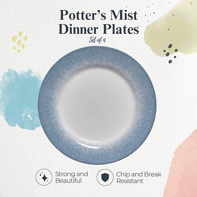 Portmeirion Potter's Mist Dinner Plate (Set of 4) - 10.5-Inch Stackable Earthenware Plates - Microwave & Dishwasher Safe, Handcrafted Dinnerware for Casual & Formal Table Settings (Blue Mist)