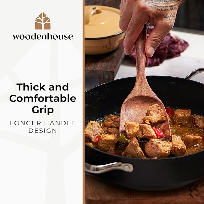 Wooden Spoons for Cooking – Wooden Cooking Utensils Set with Holder, Spoon Rest & Hooks, Teak Wood Nonstick Kitchen Cookware – Durable Set of 12pcs by Woodenhouse