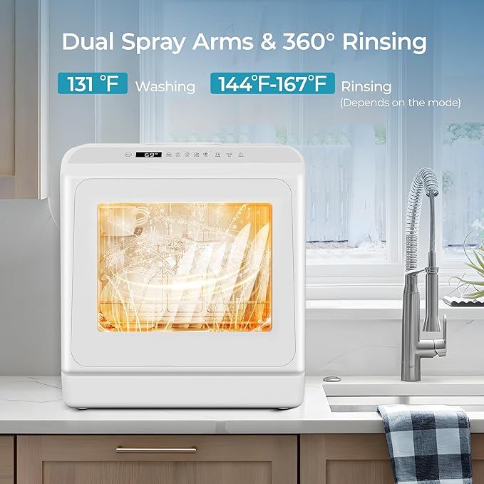 EUHOMY Countertop Dishwasher Portable with 6 Programs, 5L Built-in Water Tank for Apartments, 167℉ High-Temp, No Hookup Needed, Mini Dishwasher with Baby Care, Air Dry/Quick/ECO/Fruit/Normal, White