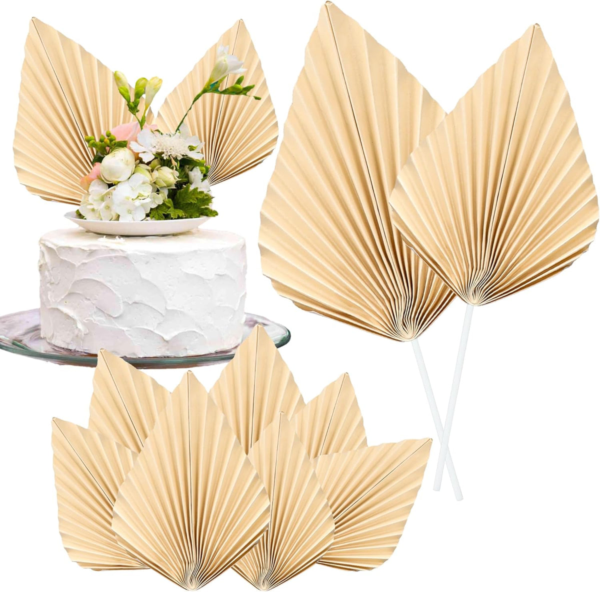 Gyufise 6Pcs Paper Palm Fan Cake Toppers Palm Leaf Fan Cake Topper Palm Spear Leaf Cupcake Toppers Cake Insert Decoration For Cake Decorating Diy Craft Project Home Wedding Party Supplies Beige