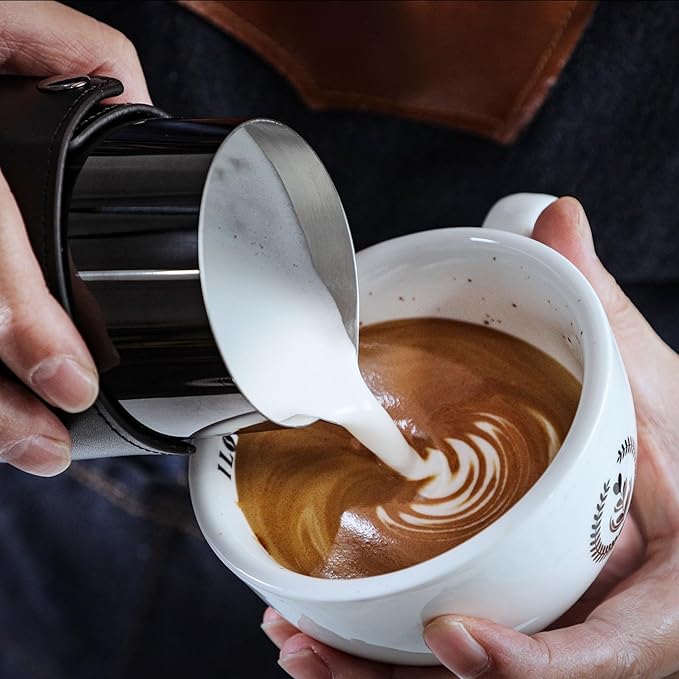 Espresso Pitcher For Latte Art Premium Handleless Design Stainless Steel Pitcher with Leather Sleeve 14oz Milk Frother Jug Gift For Espresso Lovers (Black)