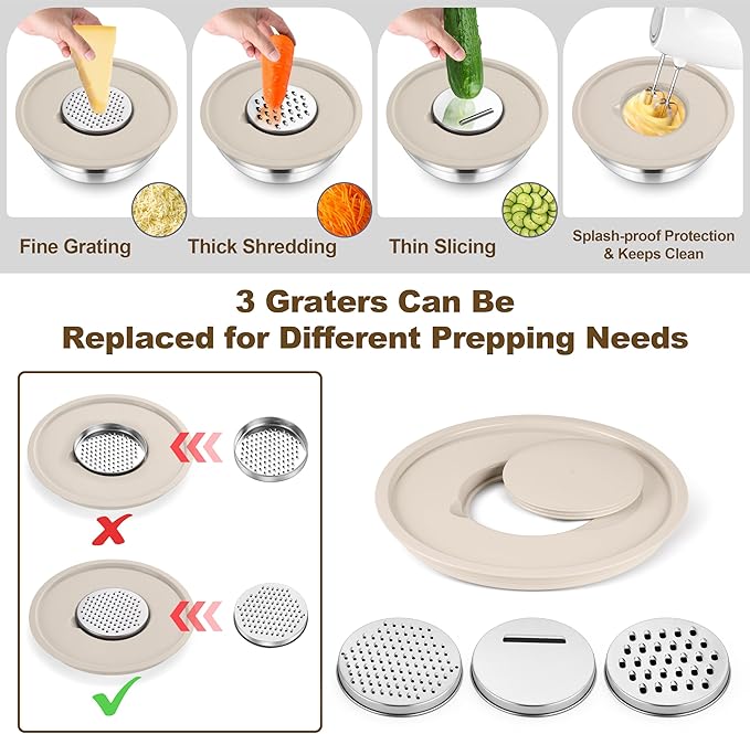 TeamFar Mixing Bowls, 6 PCS Stainless Steel Nesting Salad Bowl with Lids & 3 Graters, For Kitchen Cooking Serving Prepping, Airtight & Non-Slip, Size 4.6/3.5/2/1.5/1/0.7 QT, Khaki