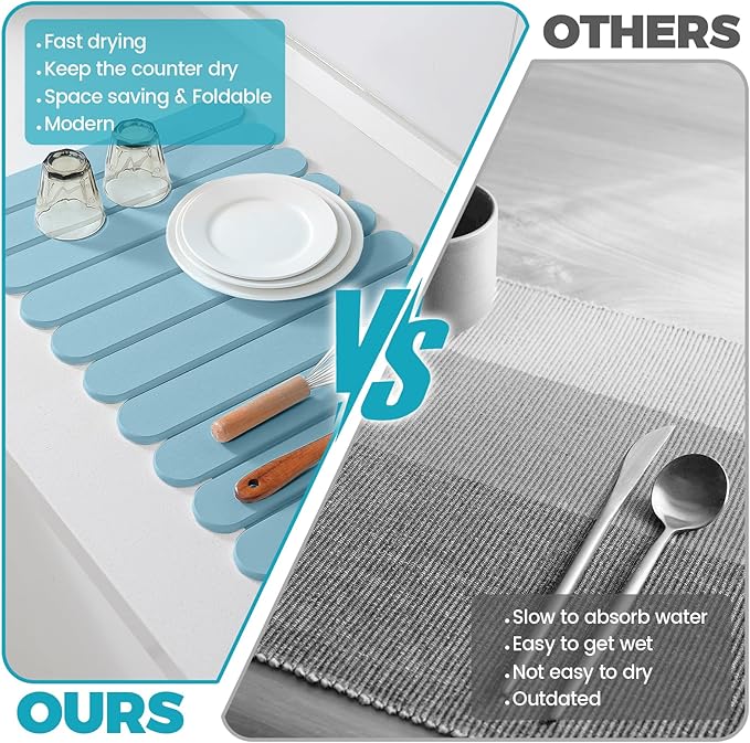 Extral Large Quick Dry Stone Drying Mat for Kitchen Counter,28"(L)x16"(W) Collapsible Eco-Friendly Absorbent Diatomaceous Earth Mat for Dishes Cups,Dish Drying Mats (Blue-Ellipse, 28x16 inch)