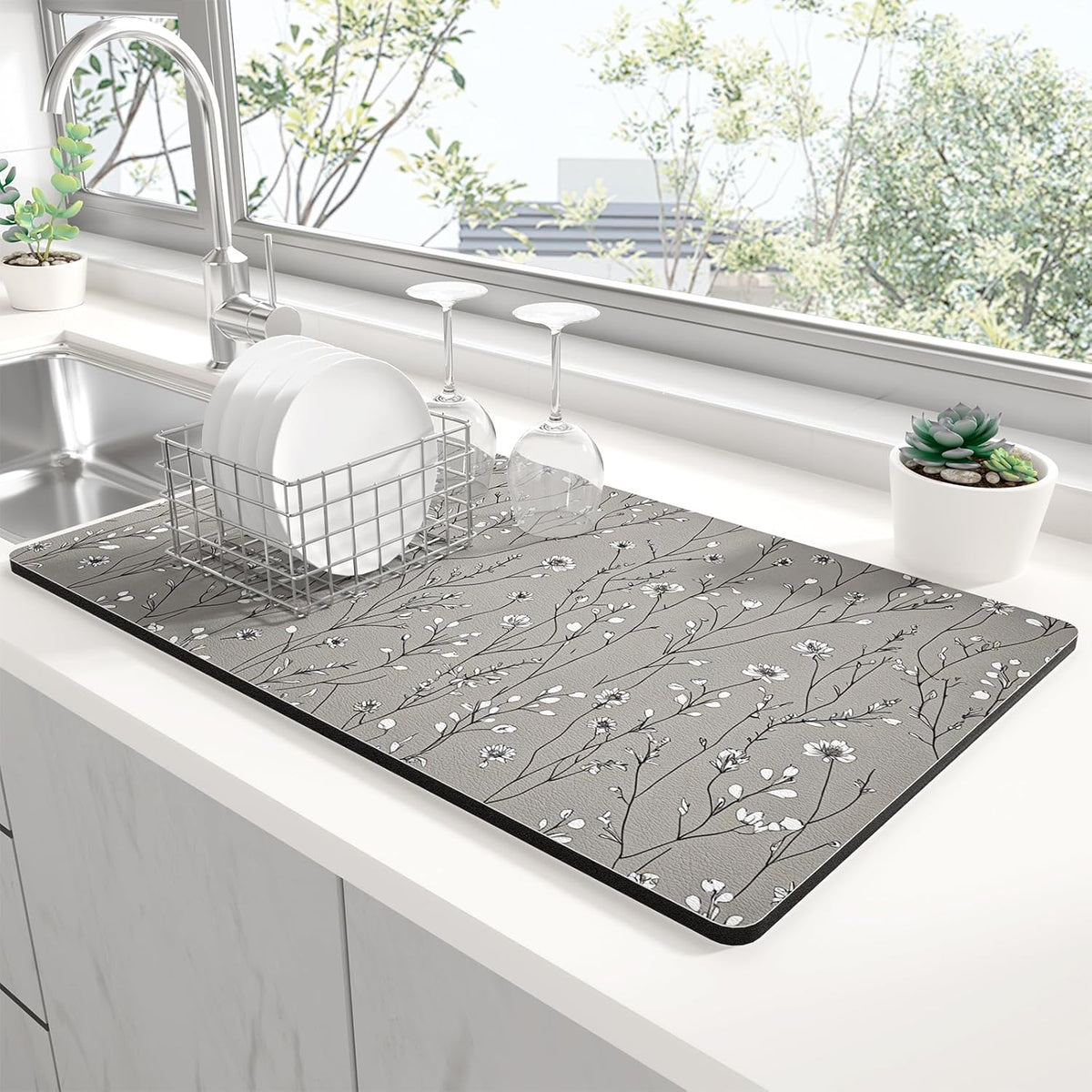 Rnivvi Dish Drying Mat for Kitchen Counter, XL 15 x 24" Cute Flower Theme Absorbent Draining Pad, Non-Slip Heat Resistant Coffee Bar Mats for Coffee Machine Station Accessories, Grey Dish Rack Pad