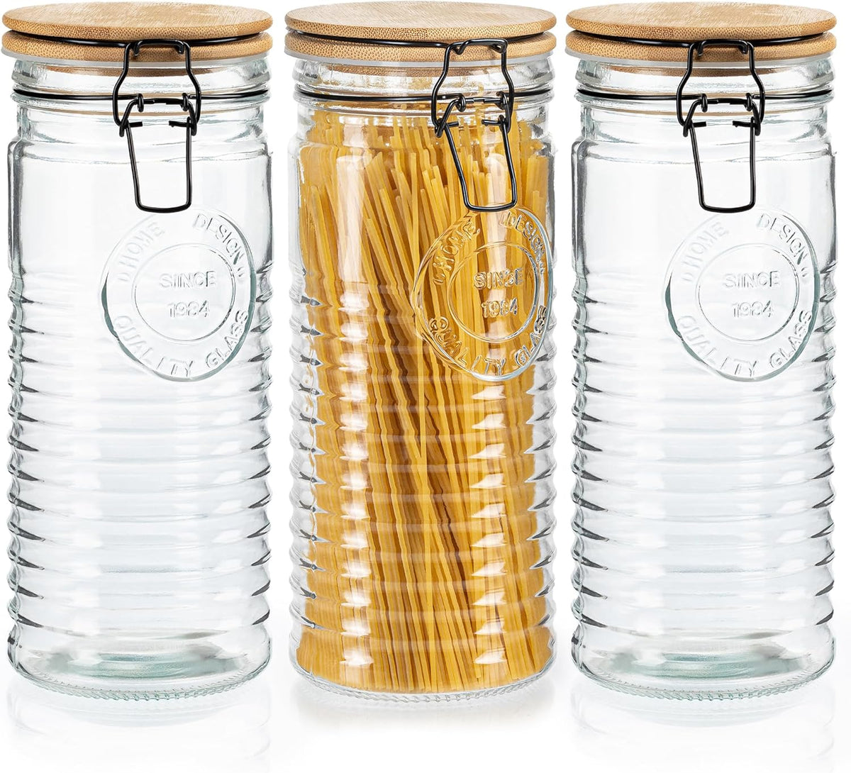 kitchentoolz Glass Storage Canister with Airtight Clasp Lids - Set of 3 Mason Jar Storage Containers for Cereal, Coffee & Rice - 56 Ounce Pantry Organizing Canister Set