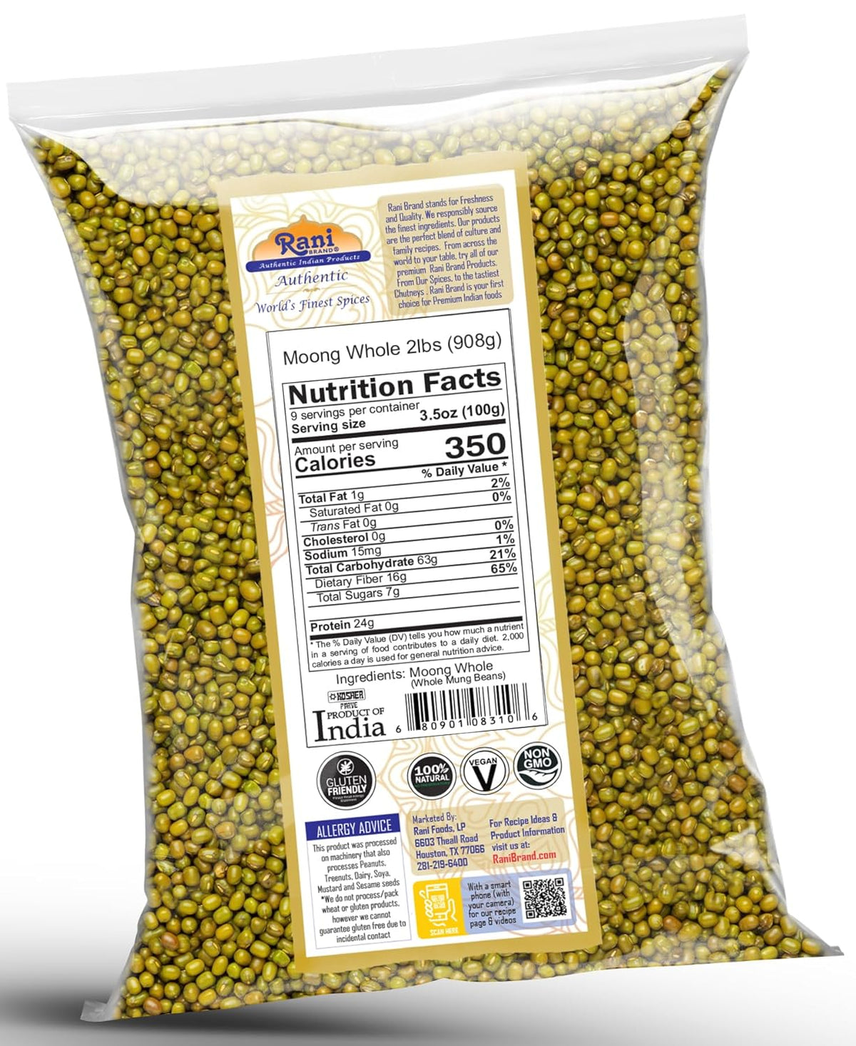 Rani Moong Whole (Ideal for cooking & sprouting, Whole Mung Beans with skin) Lentils Indian 32oz (2lbs) 908g ~ All Natural | Gluten Friendly | Non-GMO | Kosher | Vegan | Indian Origin
