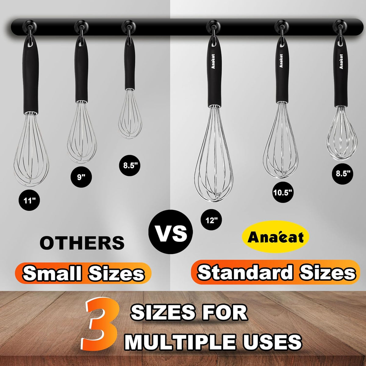 3 Packs Stainless Steel Whisk Set - Balloon Whisk, Anaeat Thick Stainless Steel Wire ＆ Strong Handles, Egg Beater for Cooking, Blending, Whisking, Beating and Stirring (8.5"+10.5"+12")