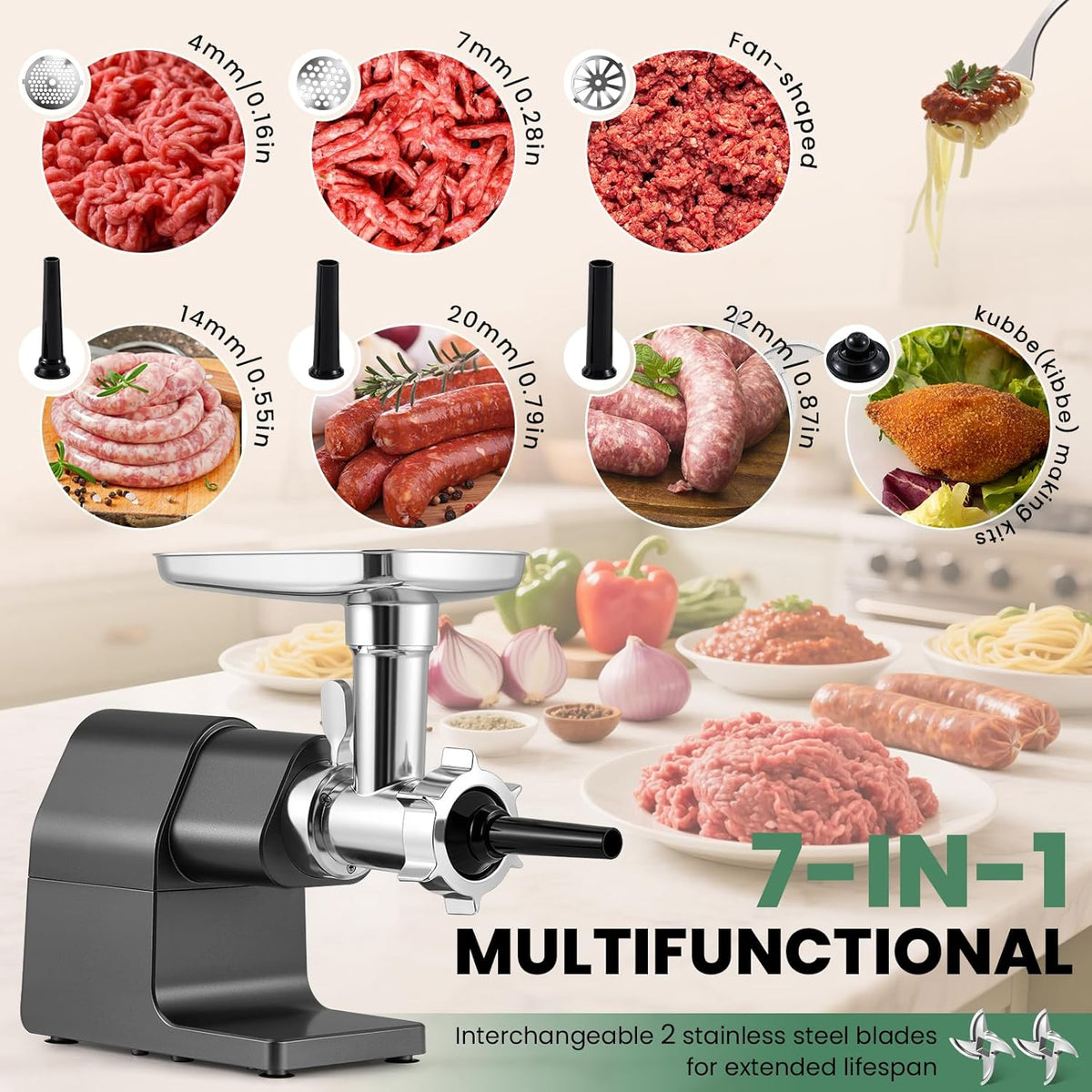 Huanyu Electric Meat Grinder 2000W Max Power Heavy Duty with Touchscreen, 2 Blades, 3 Plates, Sausage Tubes and Kubbe Kit #10 Outlet for Home Use