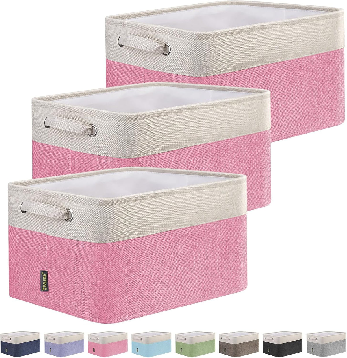 BALEINE 3 Pack Fabric Storage Bins for Shelves, Linen Storage Baskets for Organizing, Decorative Closet Bins for Clothes, Home (Pink, 15''x11''x9.5'')