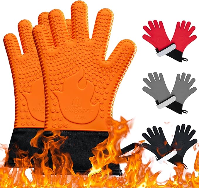 Ekogrips Plus Oven Gloves with Fingers, Comfy Waterproof Silicone Oven Mitts Heat Resistant with Long Cuff, Insulated BBQ Gloves Perfect for Grilling, Baking, Smoker, Canning, and Pizza, Orange, OSFM