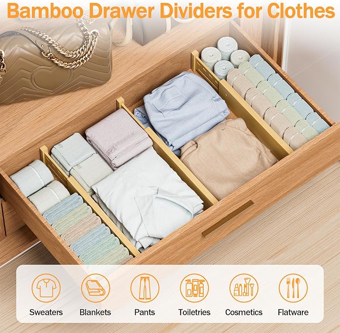 Bamboo Drawer Dividers 4" High, 12.8-18" Adjustable Drawer Organizers for Clothes,Expandable Dresser Separators in Bedroom/Kitchen/Bathroom/Office Organization and Storage,4 Pack