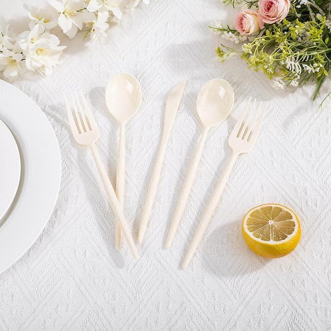 LIYH 150 Pcs Ivory Plastic Cutlery Sets - Ivory Plastic Silverware Heavyduty, Disposable Utensil Sets, 50 of Each Forks, Knives & Spoons Flatware Set for Party Birthday