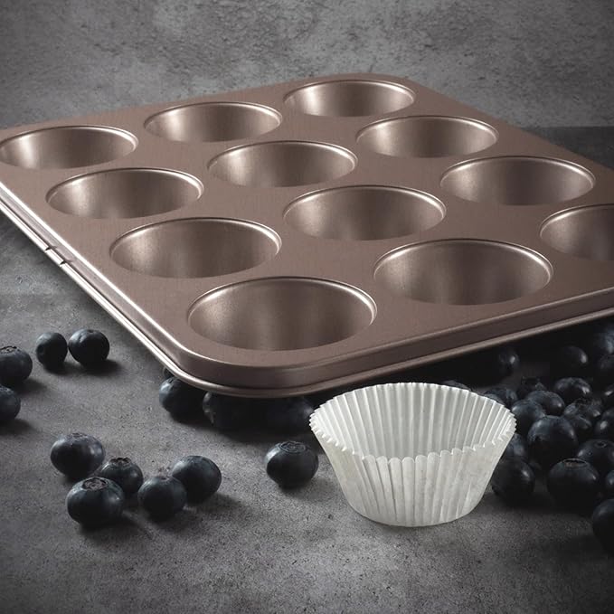HAPPIELS Non Toxic Nonstick 12 Cup Muffin Pan | PFOA BPA free Nontoxic Cupcake Tin | Best Non Stick Muffin Pans | Muffin tins | Cupcakes Tray | Carbon Steel Bakeware Mold Trays