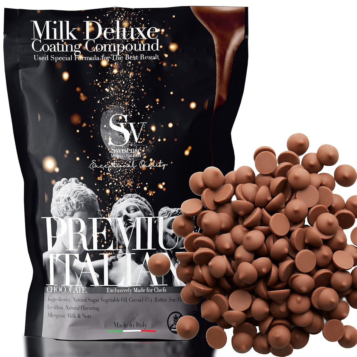 Premium Italian Melting Chocolate Candy Melts 5 Lbs | Only 5 Natural Ingredients | GMO and Gluten Free | Milk DeLuxe Compound Choco | Milk Chocolate Wafers | Resealable Pack | Perfect for Chocolate Fountain Fondue Baking Dipping