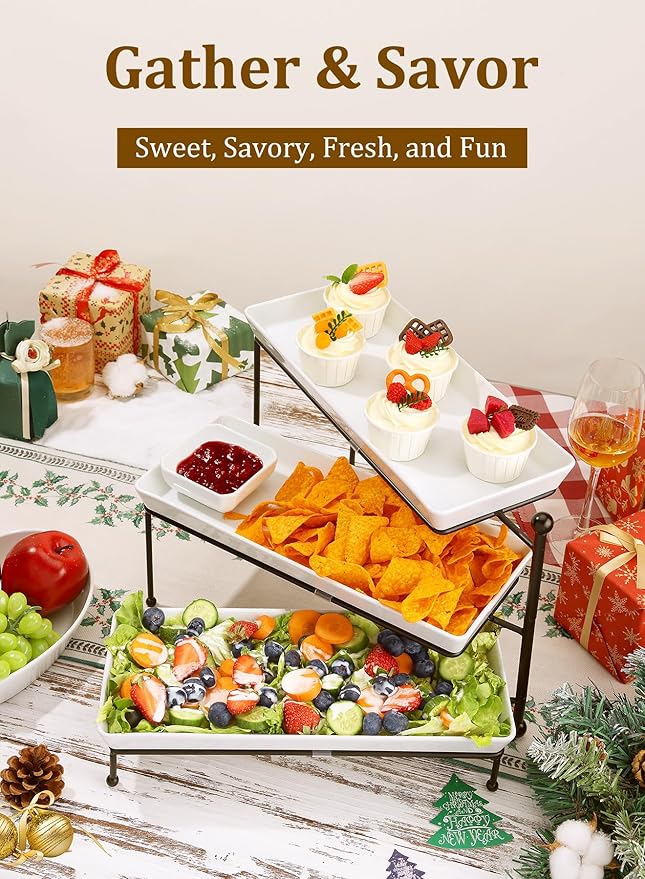 Yedio 3 Tiered Serving Stand, Foldable Rectangular Food Display Stand with White Platters - Serving Trays, Dessert Display Server for Brithday Party, Valentine's Day and Events