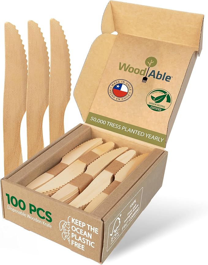 Disposable Wooden Cutlery Set - 100% Home Compostable - 100 Knives 6.5", Bamboo Utensils Alternative, Eco-Friendly, Organic, Sustainable and Carbon Neutral Certified