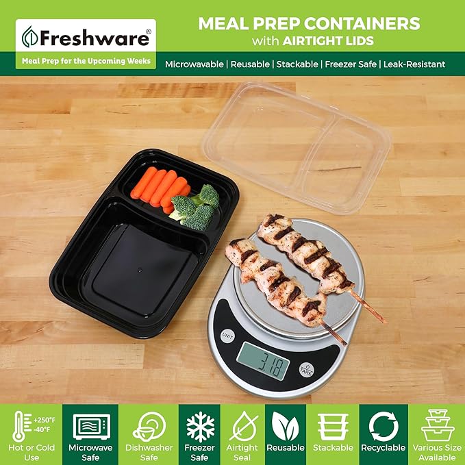 Freshware Meal Prep Containers [150 Pack] 2 Compartment with Lids, Food Storage Containers, Bento Box, BPA Free, Stackable, Microwave/Dishwasher/Freezer Safe (28 oz)