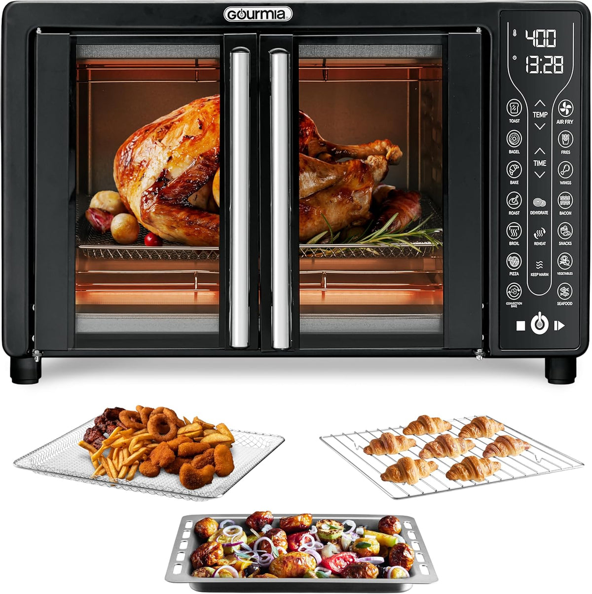 Gourmia Toaster Oven Air Fryer Combo 17 cooking presets 1700W french door digital air fryer oven 24L capacity accessories, convection rack, baking pan tray recipe book GTF7460,Large,Black