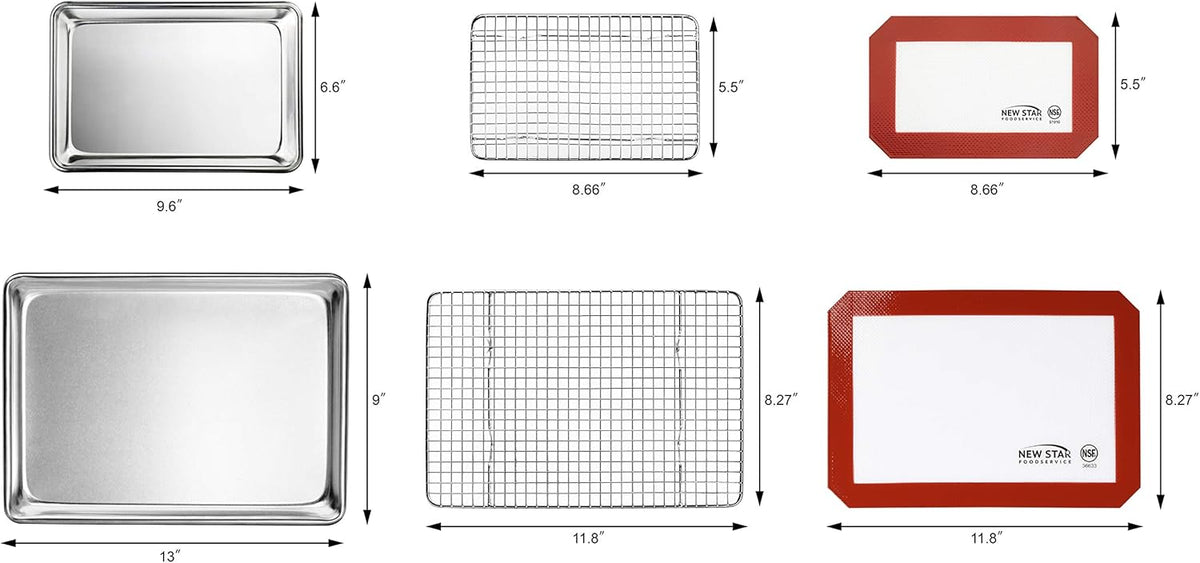 New Star Foodservice 1028768 Commercial-Grade Bun Pan/Baking Sheet, Baking Mat, Cooling Rack Combo, 1/8 and 1/4 Sizes Each