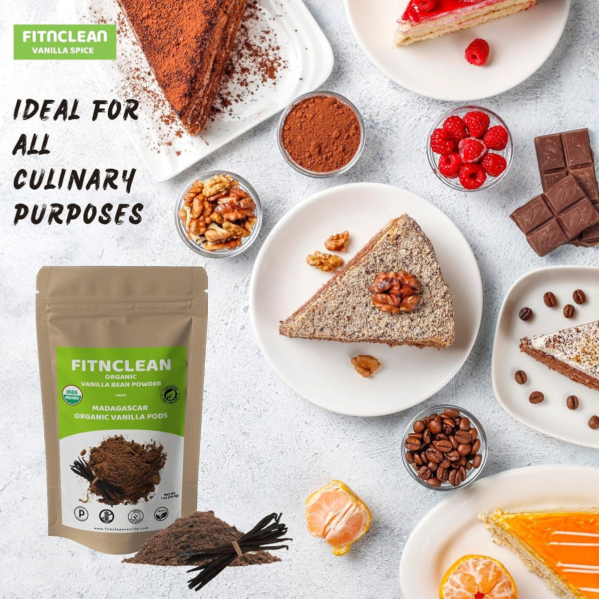 2oz Organic Madagascar Vanilla Bean Powder. Certified USDA Organic. Raw Natural Pure Unsweetened No Additives NON-GMO. Ground whole Gourmet Pods by FITNCLEAN VANILLA