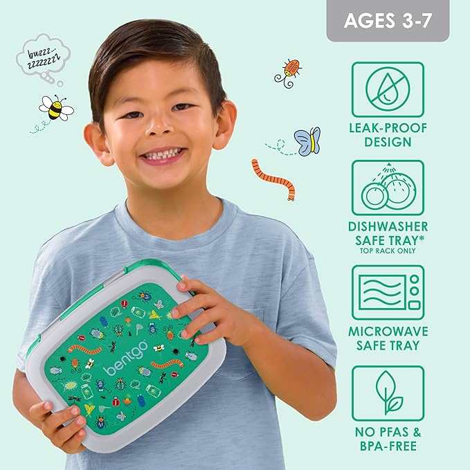 Bentgo Kids Prints Leak-Proof, 5-Compartment Bento-Style Kids Lunch Box - Ideal Portion Sizes for Ages 3-7, Durable, Drop-Proof, Dishwasher Safe, & PFAS & BPA-Free Materials (Bug Buddies)