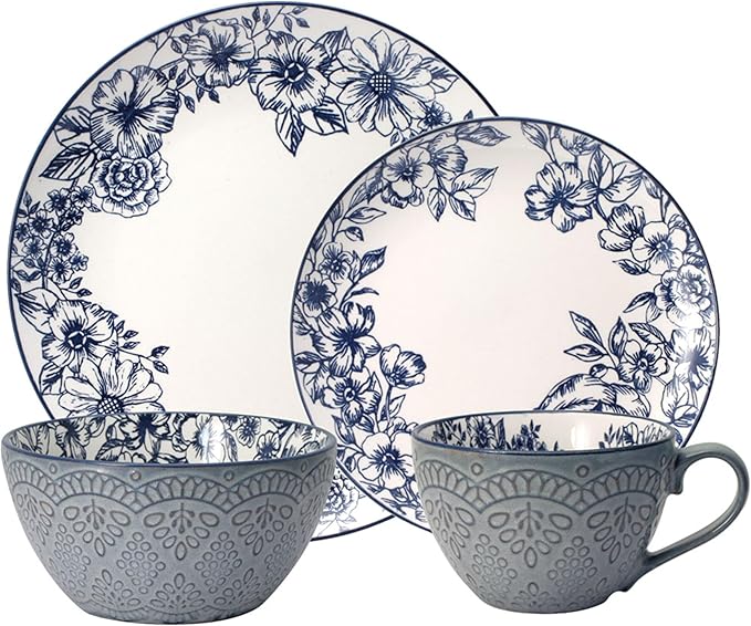 Pfaltzgraff Gabriela Blue 16-Piece Dinnerware Set, Service for 4, Durable Stoneware Plates, Bowls, and Mugs with Elegant Blue Pattern, Dishwasher Safe