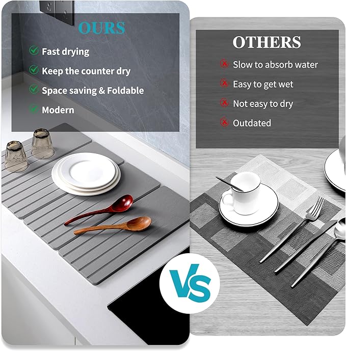 Extral Large Quick Dry Stone Drying Mat for Kitchen Counter,28x16 Inch Collapsible Eco-Friendly Absorbent Diatomaceous Earth Mat for Dishes Cups (Medium Gray-Upgraded Version, 16x12 inch)