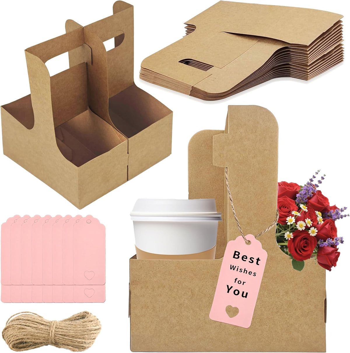 2 Cup Drink Carrier,16 Pack Coffee Cup Holders with Handle,Cardboard Cup Holders for Hot or Cold Drinks,Coffee Carrier with Ribbon and Card,Food Delivery Services and Bouquet(Kraft)