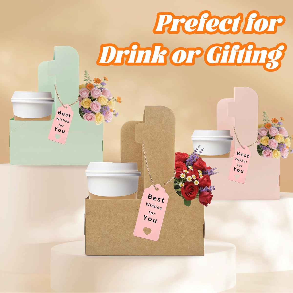 2 Cup Drink Carrier,8 Pack Coffee Cup Holders with Handle,Cardboard Cup Holders for Hot or Cold Drinks,Coffee Carrier with Ribbon and Card,Food Delivery Services and Bouquet(Pink)