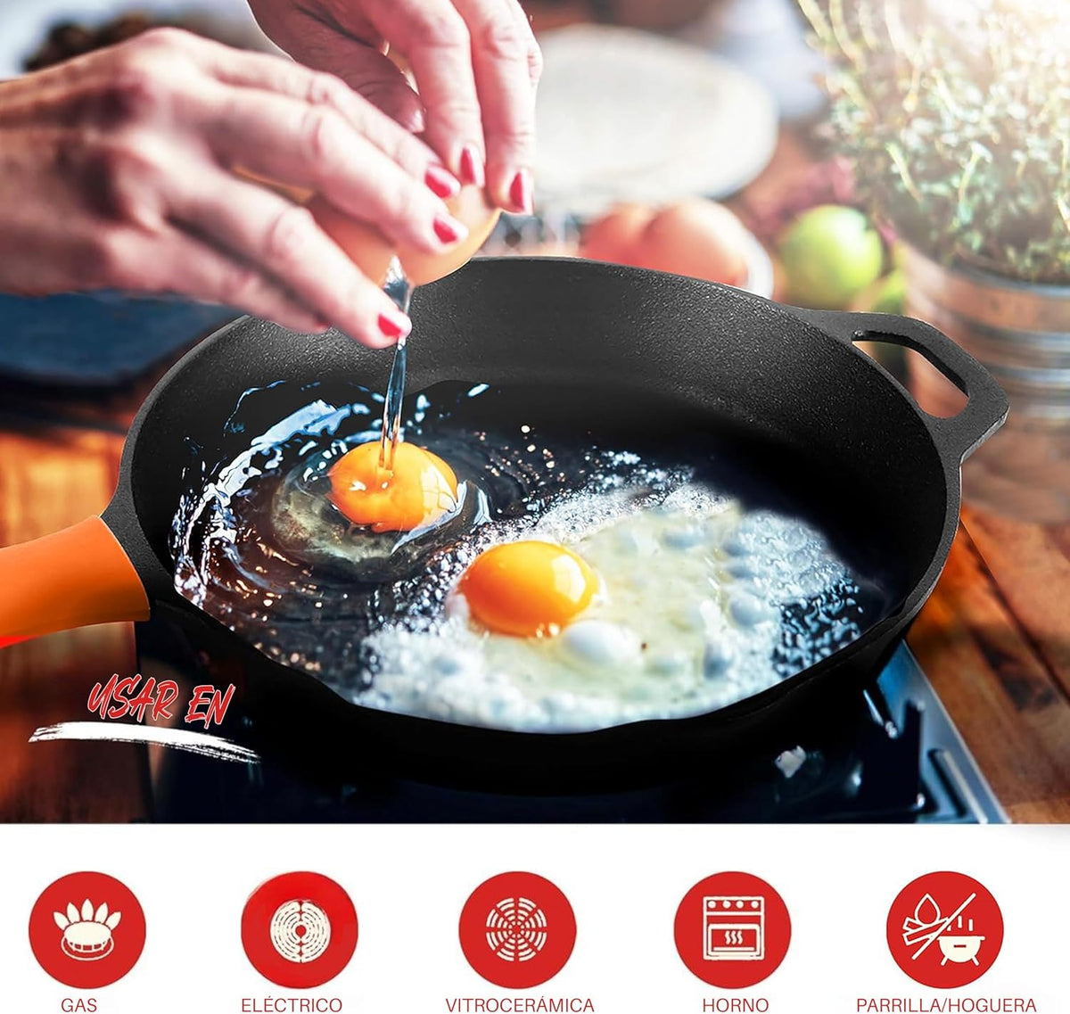 NutriChef 10" & 12" Pre-Seasoned Cast Iron Pans - Durable Nonstick Skillets, Cool-Touch Silicone Handle, For Oven, Grill & All Stovetops
