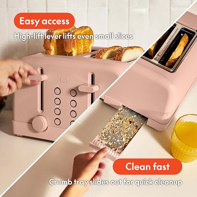 bella 4 Slice Toaster, 6 Setting Shade Control with Reheat & Cancel Buttons, Removable Crumb Tray, Anti Jam & Auto Shutoff, 900 Watt, Blossom