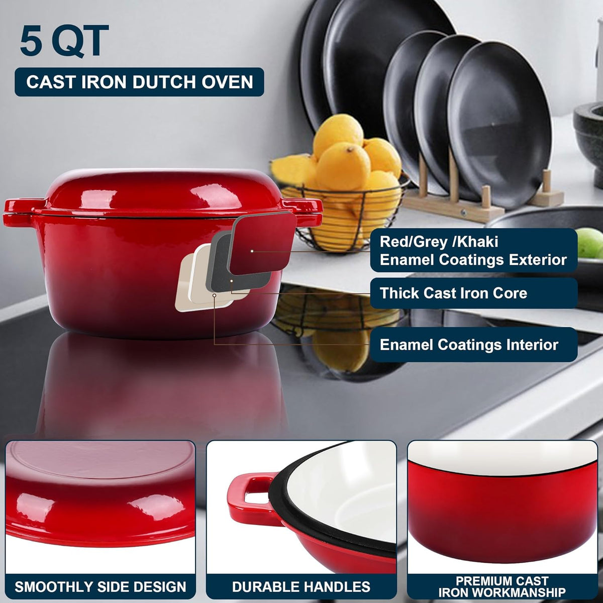 E-far 5 Quart Enameled Cast Iron Dutch Oven, 2 in 1 Dutch Oven Pot with Skillet Lid and Silicone Bread Sling, Ideal for Bread Baking, Cooking, Stewing, Frying, Induction & Oven Safe - Red