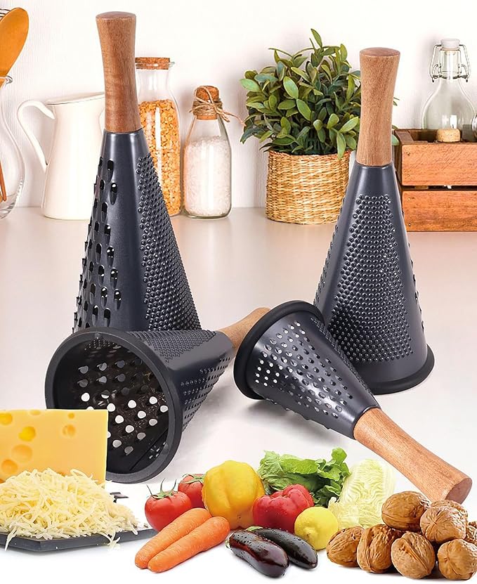 Cone Cheese Grater with Handle Stainless Steel Grater Triple Function Wood Handle Shredder Non-Slip Rubber Bottom Hand Held Multifunction Vegetables Grater Black 4-Size (Size S: 7.7" X 3.5" Black)
