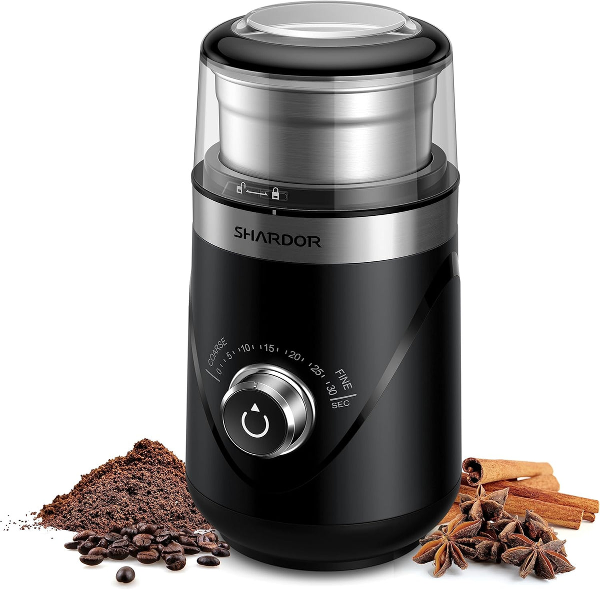 SHARDOR Electric Super Silent Blade Coffee Grinder, Timed Grind Control Rotary Knob, Adjustable Coarse to Fine for Coffee Beans, Spices & Herbs, with 1 Removable Stainless Steel Bowl, Black
