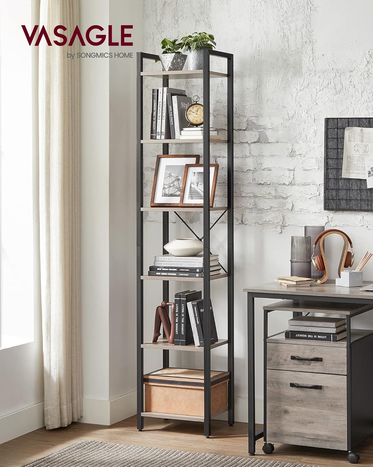 VASAGLE 6-Tier Bookshelf, Bookcase with Steel Frame, Book Shelf for Living Room, Home Office, Study, 11.8 x 15.7 x 73.2 Inches, Industrial Style, Heather Greige and Ink Black ULLS101B02