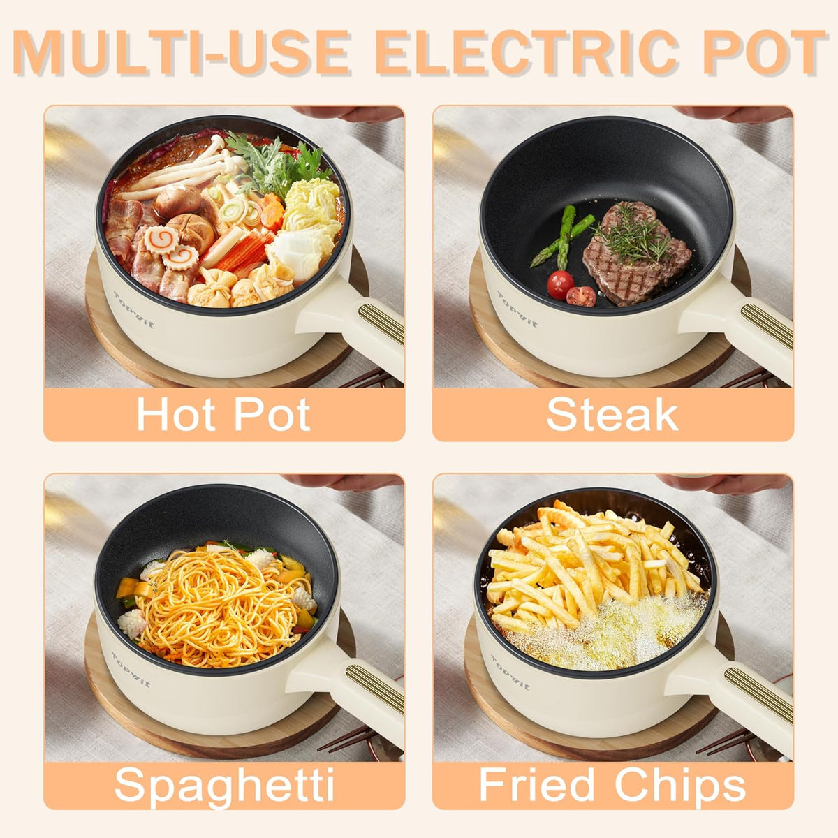 TOPWIT Hot Pot Electric, 2L Multifunctional Electric Pot, Non-Stick Sauté Pan, Portable Pot for Steak, Egg, Fried Rice, Ramen, Soup with Dual Power Control (Silicone Spatula Included), Beige