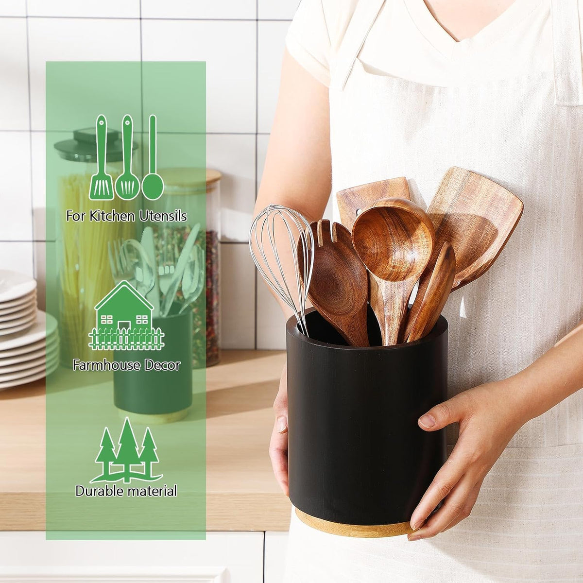 2 Pack Wooden Utensil Holder, 360°Rotating Kitchen Cooking Utensil Crock, Spoon Spatula Holder for Kitchen Counter, Farmhouse Countertop Organizer(Black,Round)