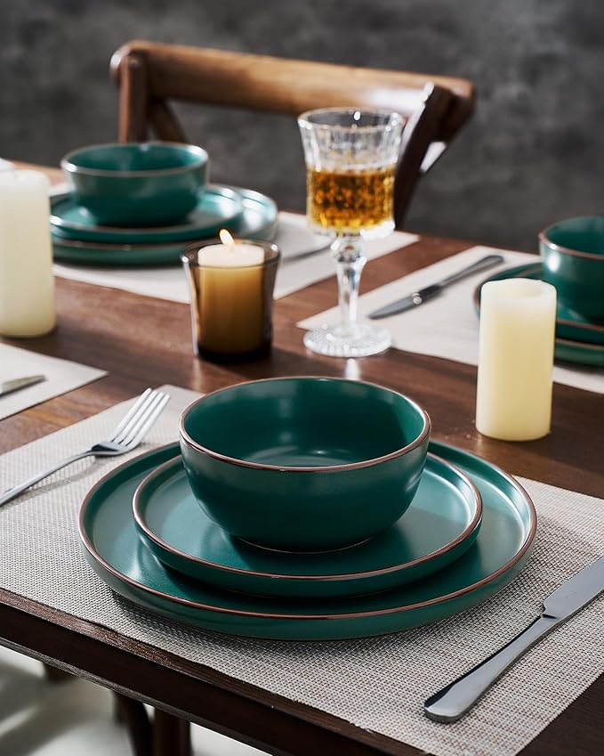Famiware Mercury 24 Pieces Dinnerware Sets, Plates and Bowls Sets for 8, Microwave and Dishwasher Safe Dish Set, Dark Green