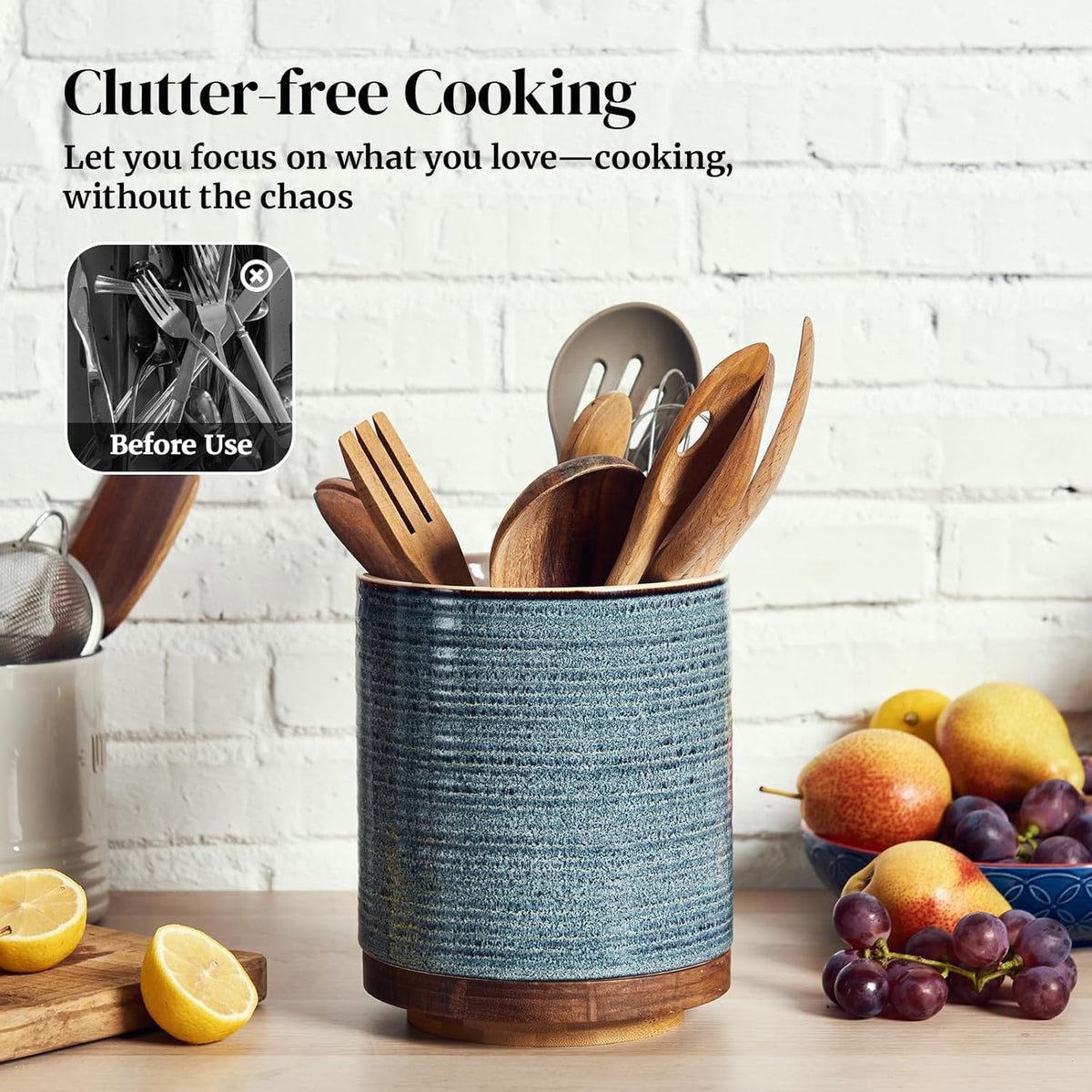 DOWAN 360° Rotating Extra Large Cooking Utensil Holder, 7.6" Kitchen Utensil Holder for Countertop, Utensil Crock for Farmhouse Kitchen Decor, Ceramic Stable Utensil Caddy, Blue