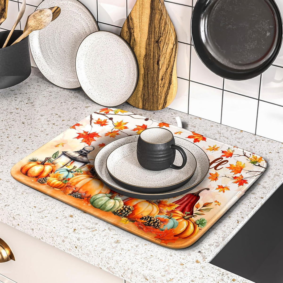 Happy Fall Dish Drying Mat - Cute Hedgehog Absorbent Drying Pad for Kitchen Counter