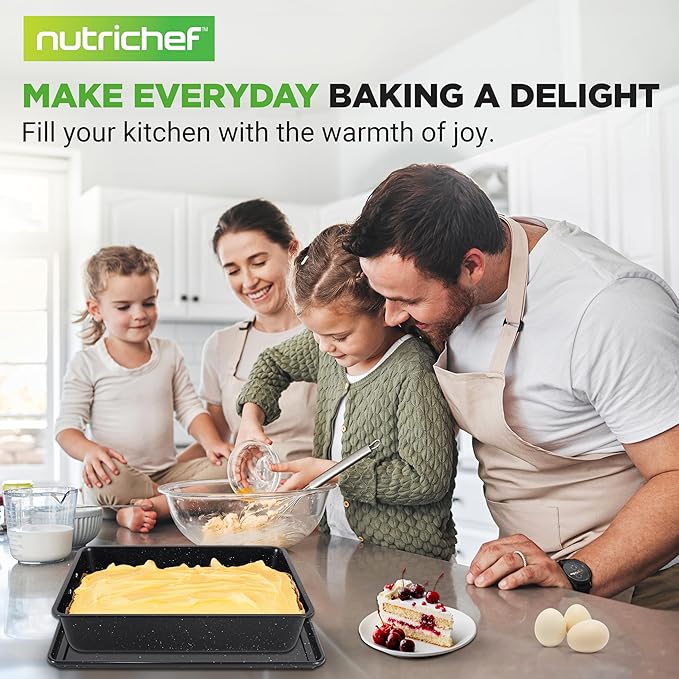 NutriChef 8-Piece Stackable Bakeware Set - Carbon Steel Non-Stick Baking Pan Set, Sheet, Muffin, Round, Loaf, Square Cake & Deep Pans, 450°F Heat Resistant, Standard & Convection Ovens (Black Marble)