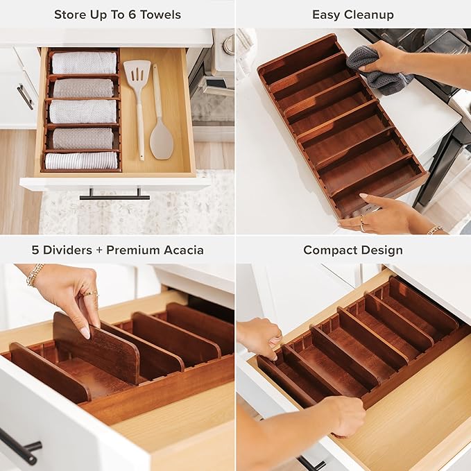 KitchenEdge Acacia Kitchen Towel and Storage Organizer, Perfect for Drawers, Cabinets, Pantry, 5 Adjustable Wall Inserts, Non-Slip Feet, Organize Containers, Food-Safe Finish