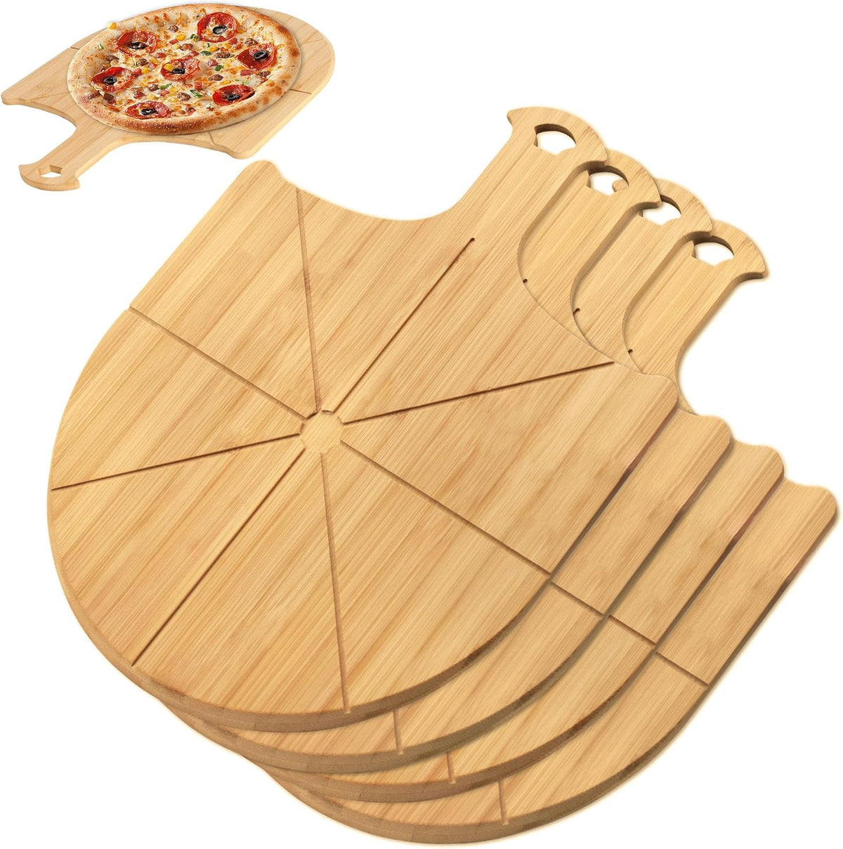 Pizza Peel Wooden, 4 Pack of 12 Inch Pizza Spatula Wood Non-Stick, Bamboo Pizza Paddle as Cutting Board with Cutting Grooves for Easy Pizza and Bread Making