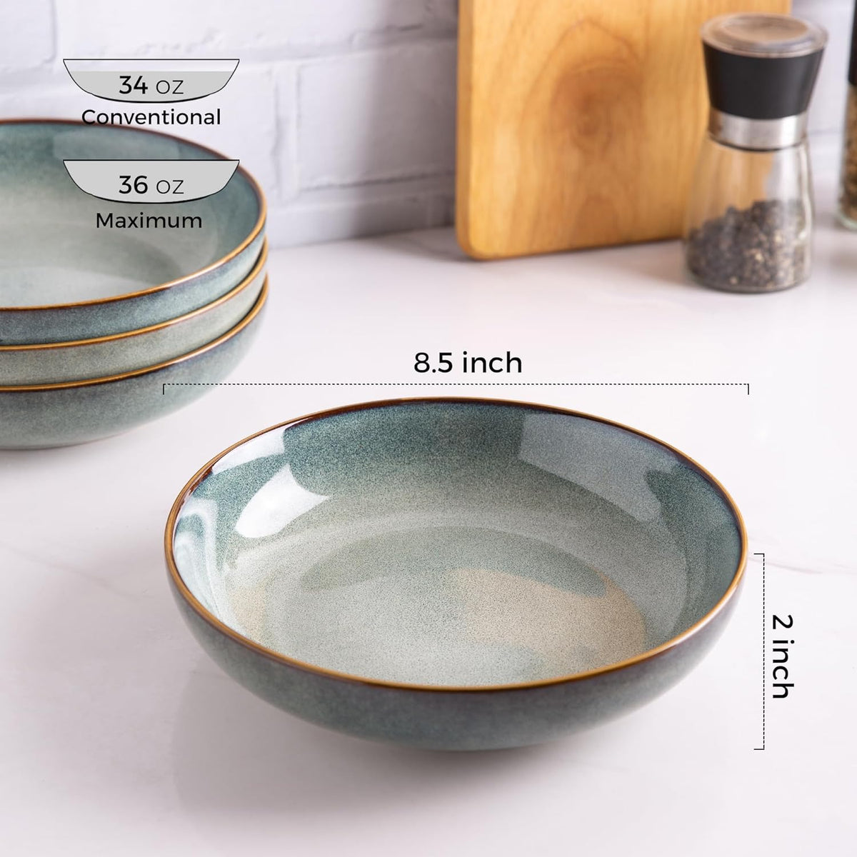 AmorArc 8.5'' Large Pasta Bowls, 36oz Ceramic Pasta Serving Bowls Set of 6 for Kitchen, Wide Bowls for Pasta,Salad,Oatmeal, Microwave Safe, Ocean Blue