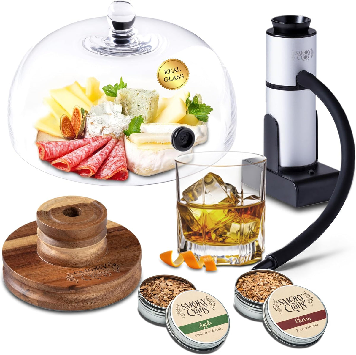 Food and Drink Smoker Kit with Smoke Gun, 8" Smoking Cloche Glass Dome, Acacia Cocktail Smoke Top and Wood Chips (Apple & Cherry) - Whiskey Smoker Kit - Gifts for Men (Torch Not Required)