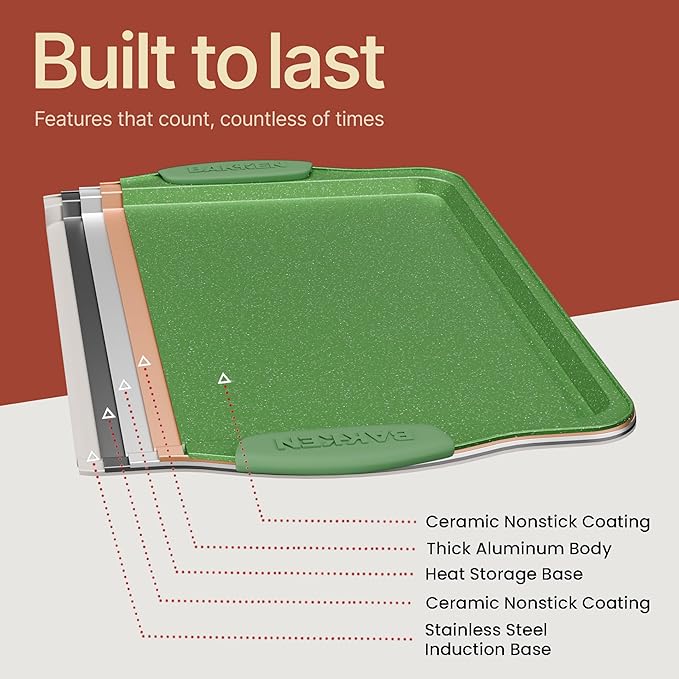 BAKKEN Kitchen Baking Pan Set - Nonstick Green Marble Coating, Carbon Steel Bakeware Sets with Green Silicone Handles, Kitchen Essentials, PFOA, PFOS, PTFE Free, Oven Safe (Up To 450° F), Set of 6