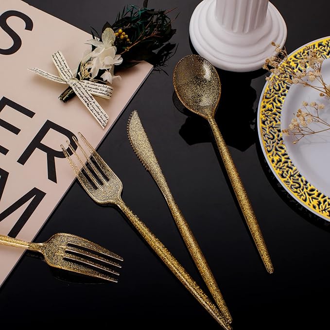 Supernal 180pcs Gold Plastic Silverware Durable Plastic Silverware Gold Glitter Color Party Cutlery Disposable Flatware Heavy Duty Include 60 Forks,60 Knvies,60 Spoons for Wedding,Birthday